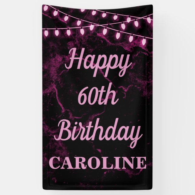 Happy 60th Birthday Pink Lights Black Banner (Vertical)