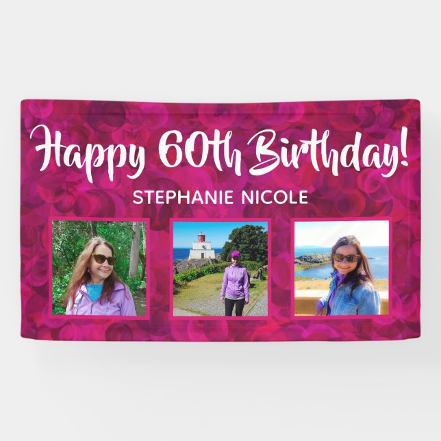 Happy 60th Birthday Pink Personalised Photos Banner (Horizontal)