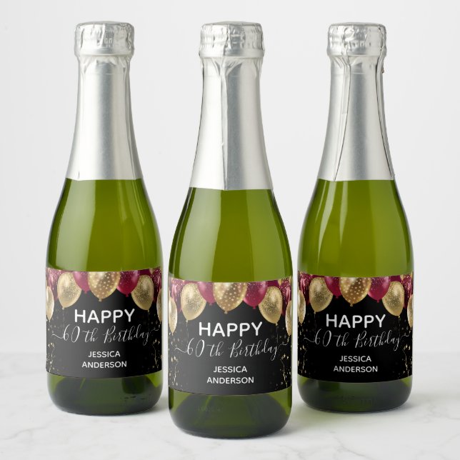 Happy 60th Birthday red and gold Sparkling Wine La Sparkling Wine Label (Bottles)