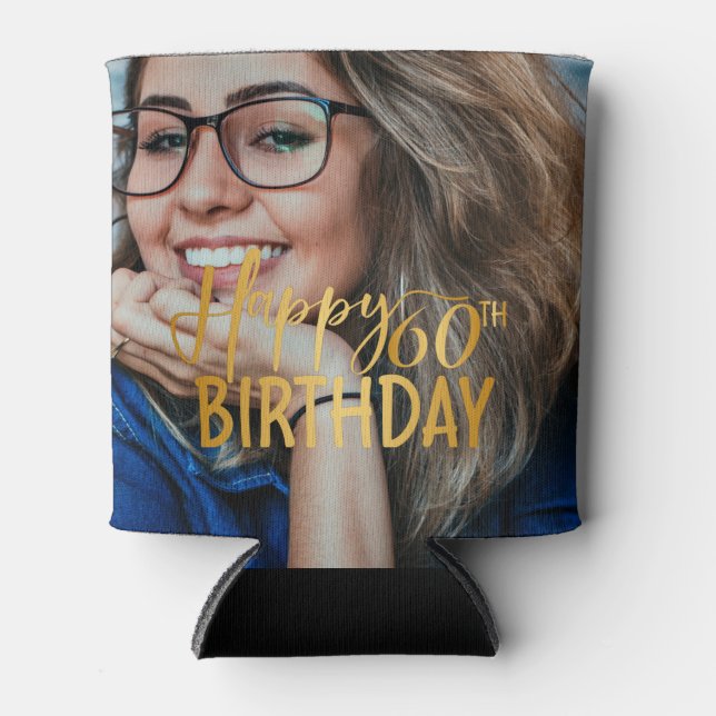 Happy 60th Birthday Script Personalised Photo Can Cooler (Front)