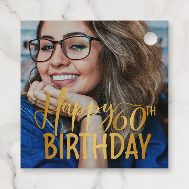Happy 60th Birthday Script Personalised Photo Favour Tags (Back)