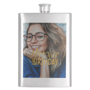 Happy 60th Birthday Script Personalised Photo Hip Flask