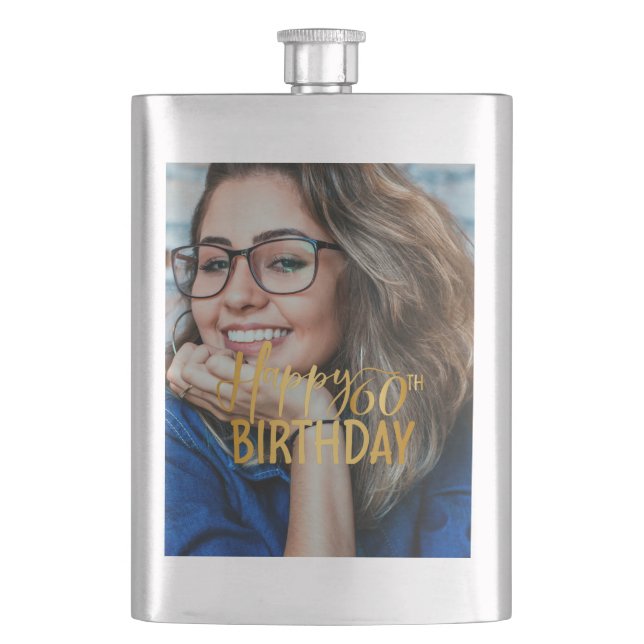 Happy 60th Birthday Script Personalised Photo Hip Flask (Front)