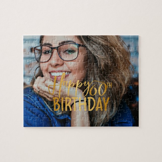 Happy 60th Birthday Script Personalised Photo Jigsaw Puzzle (Horizontal)