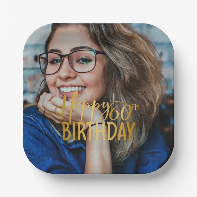 Happy 60th Birthday Script Personalised Photo Paper Plate (Front)