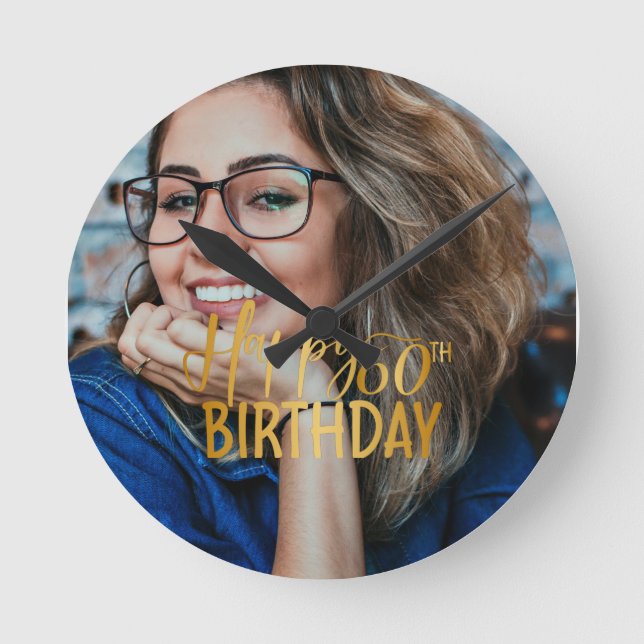 Happy 60th Birthday Script Personalised Photo Round Clock (Front)