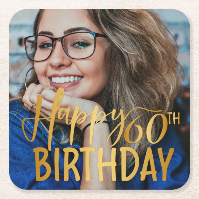 Happy 60th Birthday Script Personalised Photo Square Paper Coaster (Front)