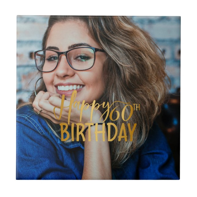 Happy 60th Birthday Script Personalised Photo Tile (Front)