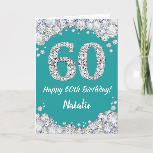 Happy 60th Birthday Teal and Silver Glitter Card (Front)