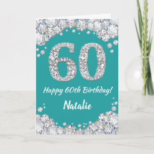 Happy 60th Birthday Teal and Silver Glitter Card