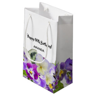Happy 60th Birthday violet pansies flowers white Small Gift Bag