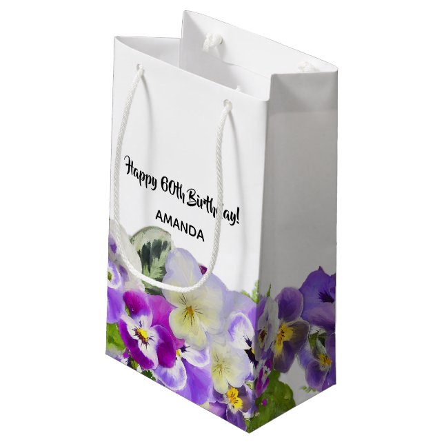 Happy 60th Birthday violet pansies flowers white Small Gift Bag (Back Angled)