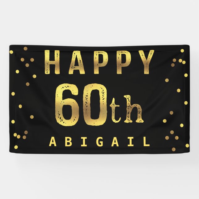 Happy 60th Faux Gold Foil Confetti Black Banner (Horizontal)
