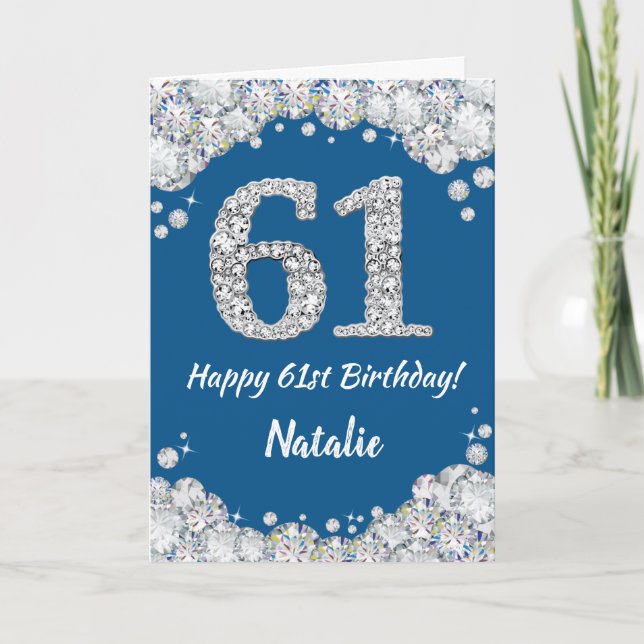 Happy 61st Birthday Blue and Silver Glitter Card (Front)