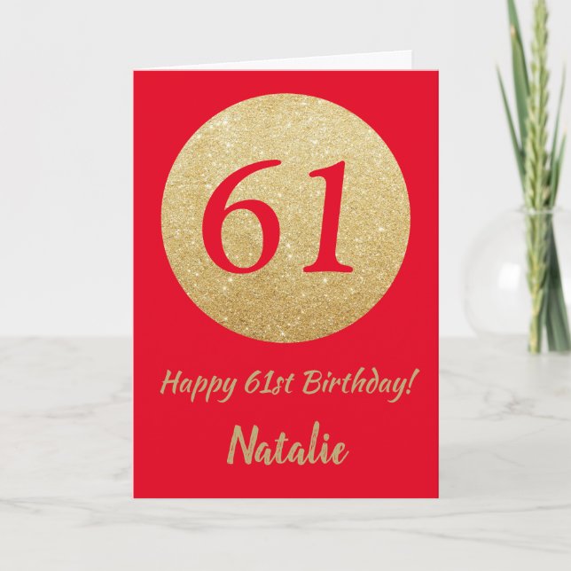 Happy 61st Birthday Red and Gold Glitter Card (Front)