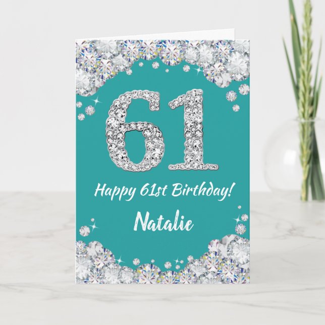 Happy 61st Birthday Teal and Silver Glitter Card (Front)