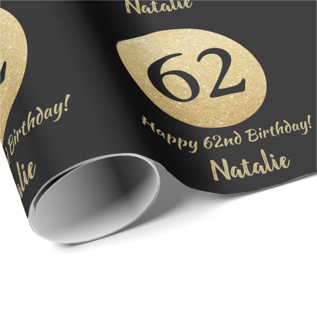 Happy 62nd Birthday Black and Gold Glitter Wrapping Paper (Roll Corner)