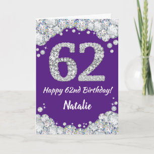 Happy 62nd Birthday Purple and Silver Glitter Card