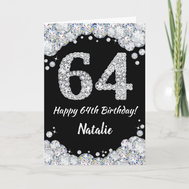Happy 64th Birthday Black and Silver Glitter Card (Front)