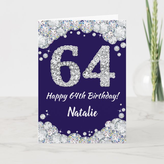 Happy 64th Birthday Navy Blue and Silver Glitter Card (Front)