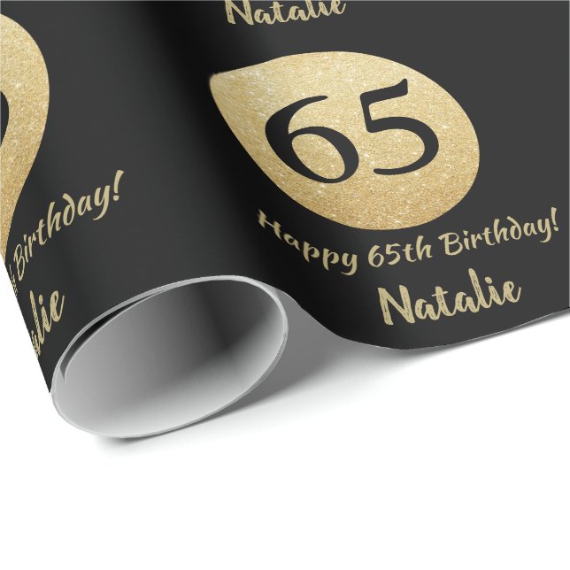 Happy 65th Birthday Black and Gold Glitter Wrapping Paper (Roll Corner)