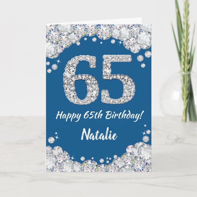 Happy 65th Birthday Blue and Silver Glitter Card (Front)