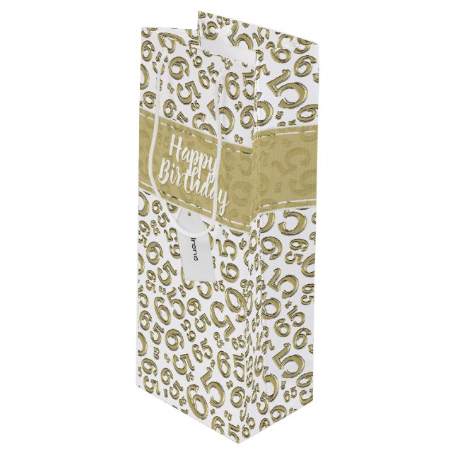 Happy 65th Birthday Gold/White 65 Number Pattern Wine Gift Bag (Front Angled)