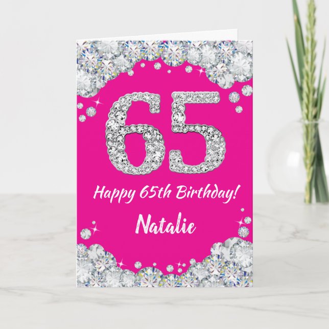 Happy 65th Birthday Hot Pink and Silver Glitter Card (Front)