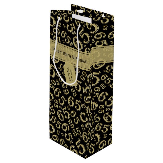 Happy 65th Birthday Number Pattern Black/Gold Wine Gift Bag (Front Angled)