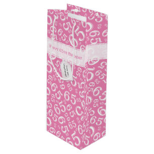 Happy 65th Birthday Number Pattern Pink and White Wine Gift Bag