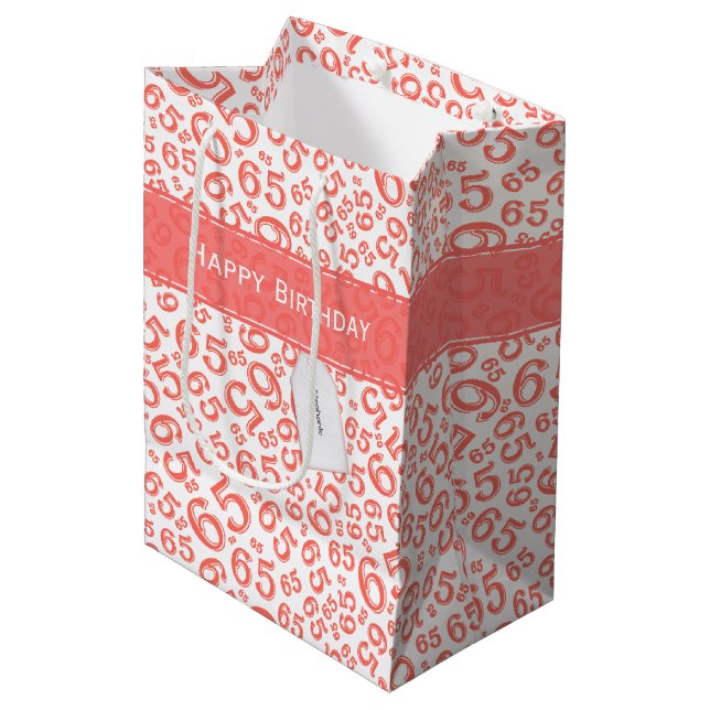 Happy 65th Birthday Party Coral Number Pattern Medium Gift Bag (Front Angled)