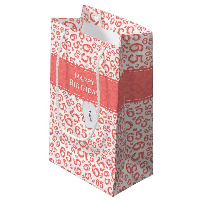 Happy 65th Birthday Party Coral Number Pattern Small Gift Bag (Front Angled)