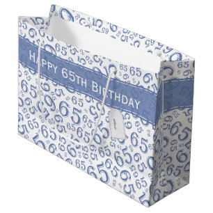 Happy 65th Birthday Party Pattern Blue and White Large Gift Bag