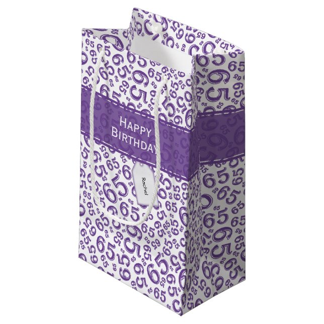 Happy 65th Birthday Party Purple Number Pattern Small Gift Bag (Front Angled)