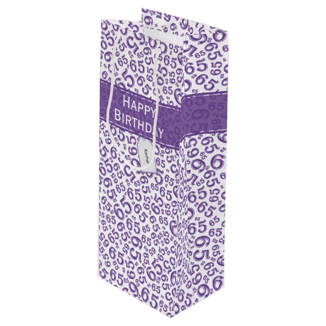Happy 65th Birthday Party Purple Number Pattern Wine Gift Bag (Front Angled)