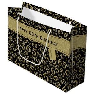 Happy 65th Birthday Party Theme Black and Gold Large Gift Bag