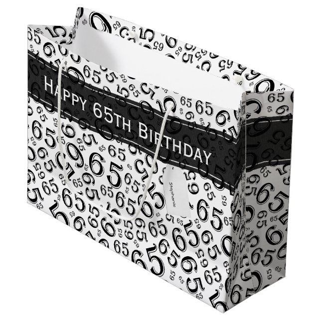 Happy 65th Birthday Party Theme Black and White Large Gift Bag (Front Angled)