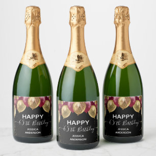 Happy 65th Birthday Red and Gold Sparkling Wine La Label