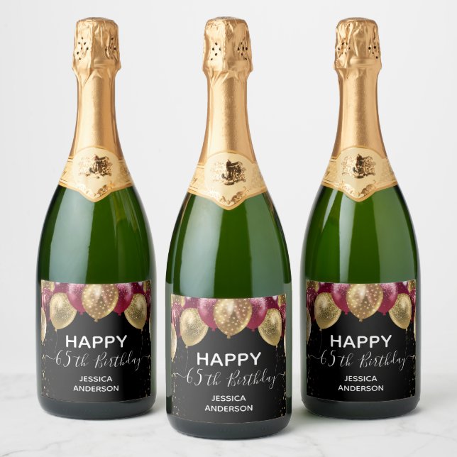Happy 65th Birthday Red and Gold Sparkling Wine La Label (Bottles)