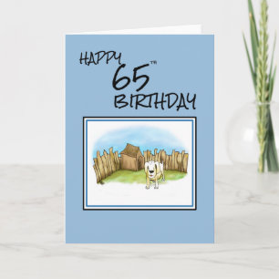 Happy 65th Birthday with cartoon dog in garden and Card