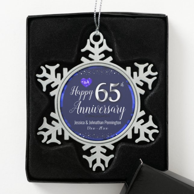 Happy 65th Wedding Anniversary Snowflake Pewter Christmas Ornament (Box)