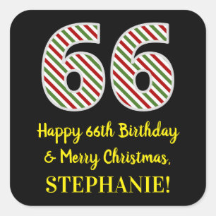 Happy 66th Birthday & Merry Christmas, Custom Name Square Sticker