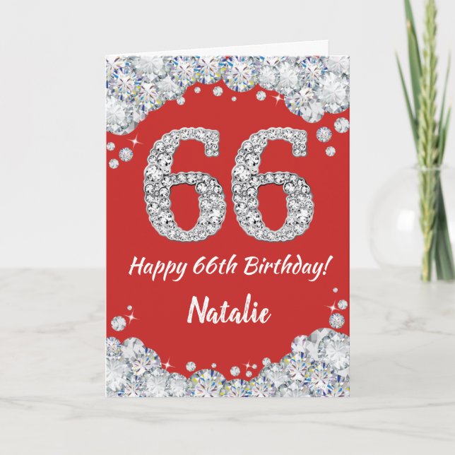 Happy 66th Birthday Red and Silver Glitter Card (Front)