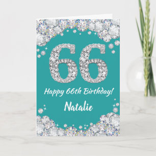 Happy 66th Birthday Teal and Silver Glitter Card