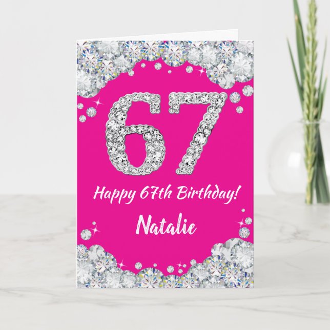 Happy 67th Birthday Hot Pink and Silver Glitter Card (Front)