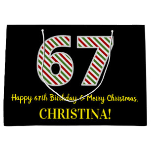 Happy 67th Birthday & Merry Christmas, Custom Name Large Gift Bag