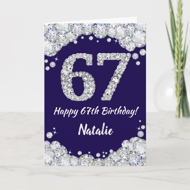 Happy 67th Birthday Navy Blue and Silver Glitter Card (Front)