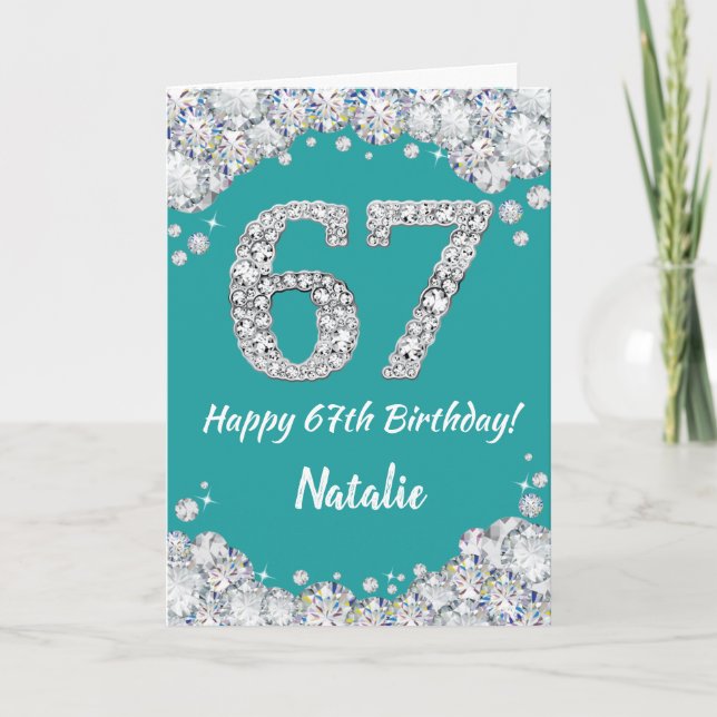 Happy 67th Birthday Teal and Silver Glitter Card (Front)