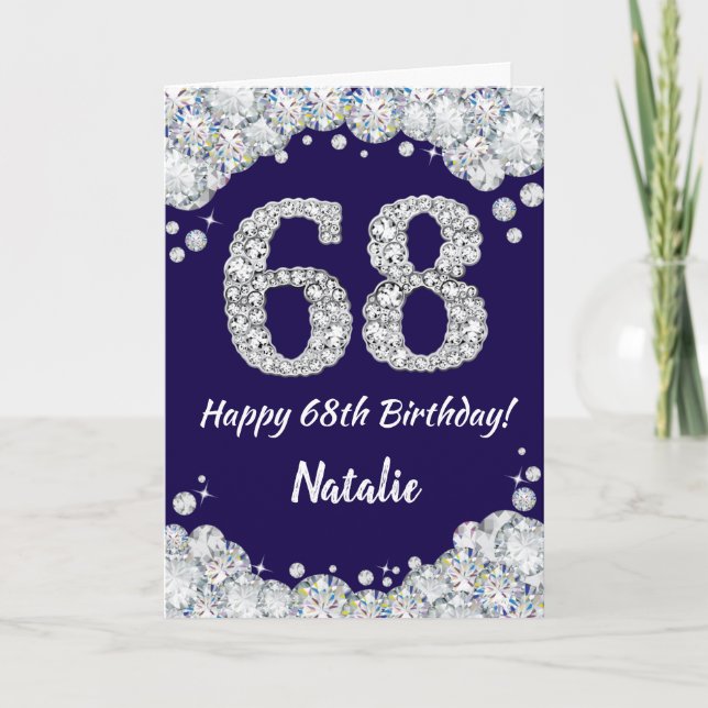 Happy 68th Birthday Navy Blue and Silver Glitter Card (Front)