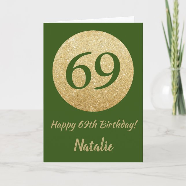 Happy 69th Birthday Green and Gold Glitter Card (Front)